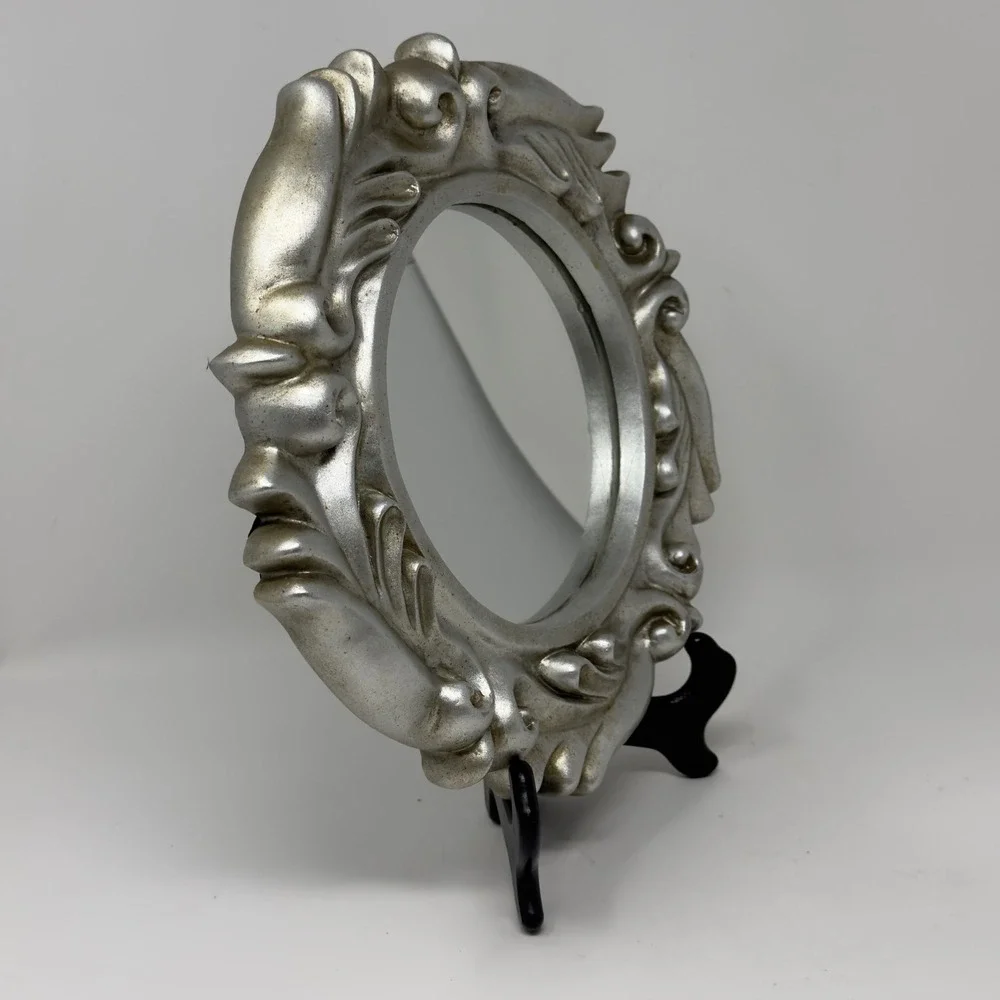 Vintage Silver Tone Ornate Round Mirror Baroque Scroll Frame 11
